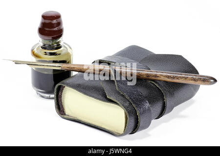old fashioned diary with dib pen and inkwell isolated on white background Stock Photo