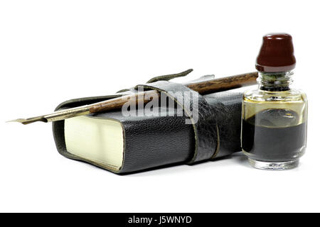 old fashioned diary with dib pen and inkwell isolated on white background Stock Photo