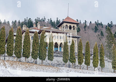 The Cantacuzino Palace (Palatul Cantacuzino) from Busteni, Romania, winter time with snow and ice. Stock Photo