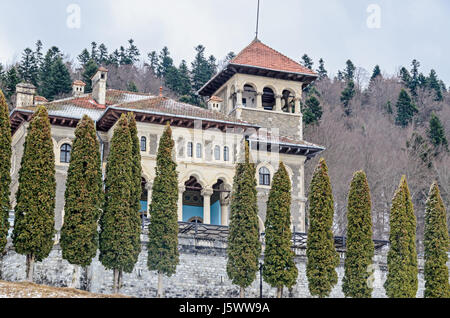 The Cantacuzino Palace (Palatul Cantacuzino) from Busteni, Romania, winter time with snow and ice. Stock Photo