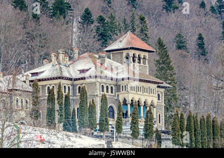 The Cantacuzino Palace (Palatul Cantacuzino) from Busteni, Romania, winter time with snow and ice. Stock Photo