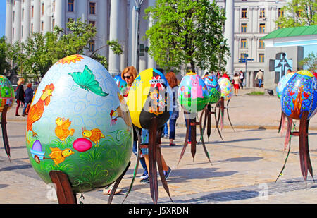 KYIV, UKRAINE - MAY 01, 2017: Painted eggs. Street festival of large Easter eggs on Mikhailovska Square Stock Photo