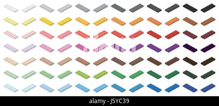 Children brick toy simple colorful bricks 6x2 low, isolated on white background Stock Vector