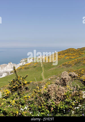 North Devon seascape viewed from the Coast path with Bull Point Lighthouse in the distance Stock Photo