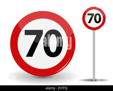 Round Red Road Sign Speed limit 70 kilometers per hour. Vector Illustration. Stock Vector