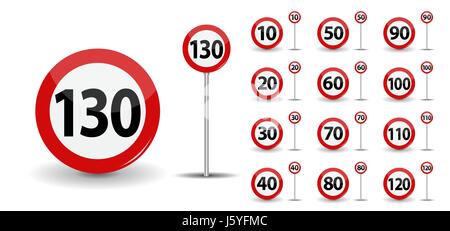 Round Red Road Sign Speed limit 10-130 kilometers per hour. Vector Illustration. Stock Vector