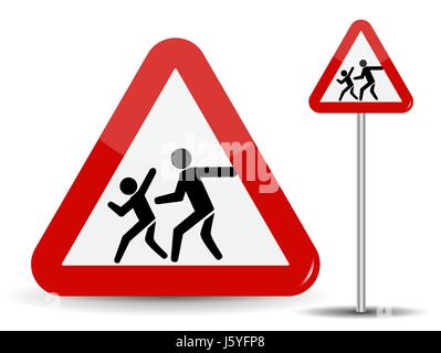 Road sign Warning Children. In the Red Triangle running kids. Vector Illustration. Stock Vector