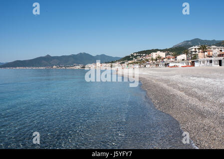 Pietra Ligure, famous little city in Liguria, Italy, seen from the beach, seascape of Pietra Ligure, Italian tipical beach Stock Photo