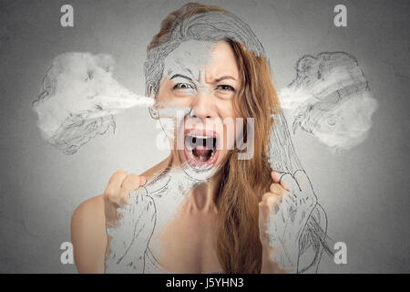 Closeup portrait angry young woman blowing steam coming out of ears having nervous breakdown hysterical screaming isolated grey background. Negative h Stock Photo