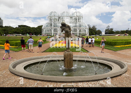 View of 'A Mãe' ('The Mother') fountain sculpture, French Gardens and main greenhouse with a modern metallic structure, Botanical Garden of Curitiba,  Stock Photo