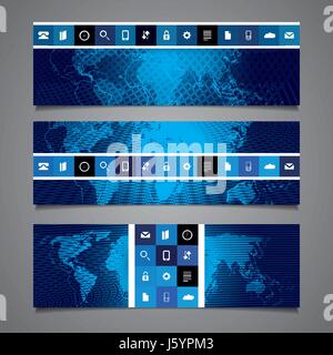 Web Design Elements - Header Designs with World Map - Set of Dark Blue Abstract Horizontal Headers or Banners with Creative Colorful Tiled Flat Icons Stock Vector