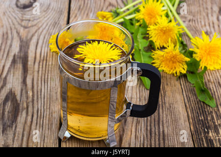 Herbal tea and honey from dandelions on wooden background. Studio Photo Stock Photo