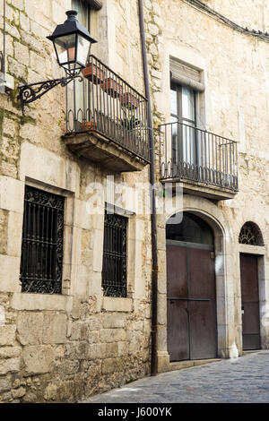 Medieval limestone houses in the old Jewish Quarter of Girona, Spain. Stock Photo