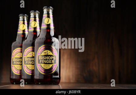 POZNAN, POLAND - AUGUST 12, 2016: Bishop's Finger  is a fine English Ale produced by Shepherd Neame, an independent regional brewery located in Favers