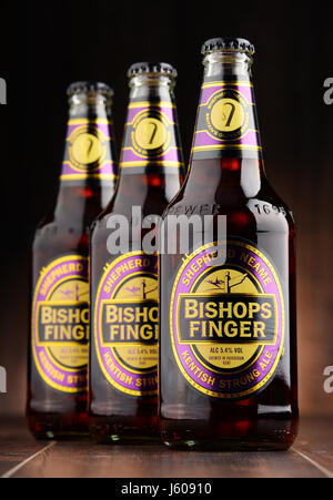 POZNAN, POLAND - AUGUST 12, 2016: Bishop's Finger  is a fine English Ale produced by Shepherd Neame, an independent regional brewery located in Favers Stock Photo