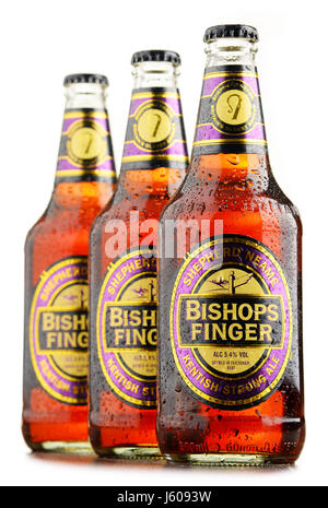 POZNAN, POLAND - AUGUST 12, 2016: Bishop's Finger  is a fine English Ale produced by Shepherd Neame, an independent regional brewery located in Favers Stock Photo