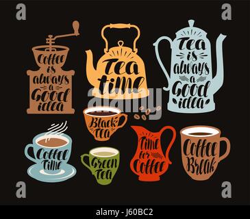 Hot drinks, tea, coffee label set. Collection decorative elements for menu restaurant or cafe. Lettering, calligraphy vector illustration Stock Vector