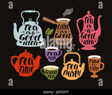 Drink, tea, coffee label set. Collection decorative elements for menu restaurant or cafe. Lettering, calligraphy vector illustration Stock Vector