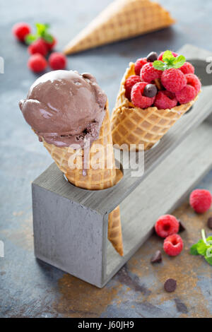 Chocolate ice cream scoop in a waffle cone Stock Photo