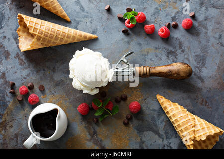 Vanilla ice cream scoop in a spoon Stock Photo