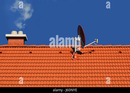 heat chimney drainpipe chimney-flue rooftop clouds radio heat tile question Stock Photo