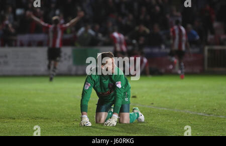 Carlisle United goalkeeper Mark Gillespie is dejected after Exeter City's Jack Stacey scored his side's third goal of the game during the Sky Bet League Two play-off second leg at St James Park, Exeter. Stock Photo