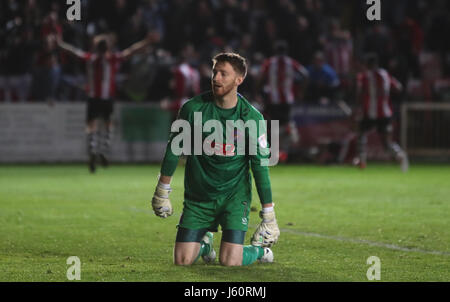 Carlisle United goalkeeper Mark Gillespie is dejected after Exeter City's Jack Stacey scored his side's third goal of the game during the Sky Bet League Two play-off second leg at St James Park, Exeter. Stock Photo