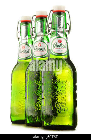 POZNAN, POLAND - OCT 12, 2016: Grolsch Premium Pilsner - known internationally as Grolsch Premium Lager, is the flagship beer of Dutch Grolsch Brewery Stock Photo