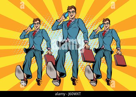 Several businessmen with telephone marching. Pop art retro vector illustration drawing Stock Vector