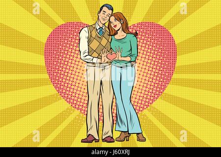 Cute couple, hand gesture a heart of love. In all growth on the background of hearts. Pop art retro vector illustration drawing Stock Vector