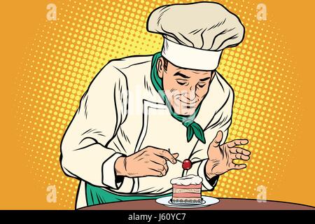 The chef prepares a sweet dessert. Cherry berry on the cake. Pop art retro vector illustration drawing Stock Vector