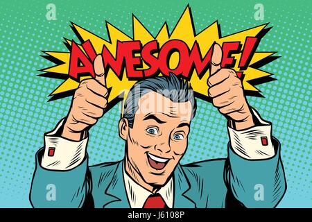 awesome businessman two like gesture, thumb up. Pop art retro vector illustration drawing Stock Vector