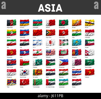 Flags of Asia waving in the wind, isolated on white background Stock Photo