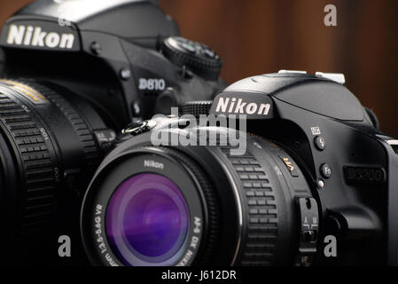 POZNAN, POLAND - JAN 20, 2017: Nikon is a Japanese multinational corporation headquartered in Tokyo, Japan, specializing in optics and imaging product Stock Photo