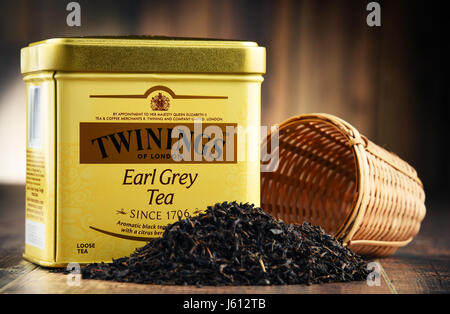 POZNAN, POLAND - MAR 31, 2017: Twinings is an English marketer of tea, located in Andover, Hampshire. The brand is owned by Associated British Foods. Stock Photo