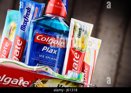 POZNAN, POLAND - MAY 5, 2017: Colgate, a brand of oral hygiene products such as toothpastes, toothbrushes, mouthwashes and dental floss produced by Am Stock Photo