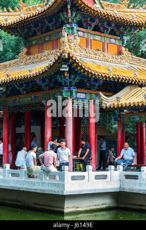 Chinese men meeting in Ningyuan Park, Yinchuan, Ningxia, China Stock Photo
