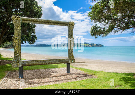 Auckland,New Zealand - October 31, 2015: Landscape view can seen through the antique picture frame which is located at the Mahurangi Regional Park. Stock Photo