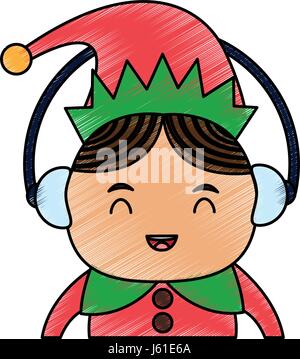 color pencil cartoon half body christmas elf with earphones Stock Vector