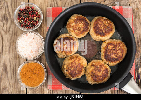 Tasty fried chops in frying pan. Studio Photo Stock Photo