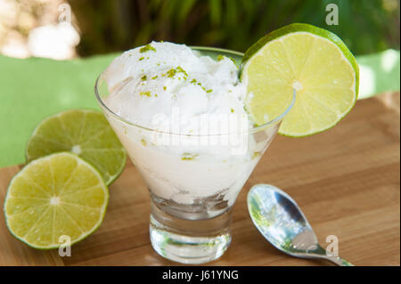 Dish of lime ice cream with lime slices served outdoors Stock Photo