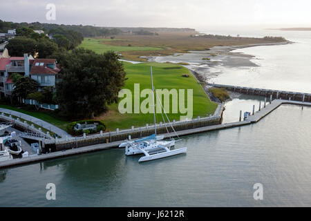 South Carolina,Beaufort County,Hilton Head Island,Sea water Pines Plantation,South Beach,Calibogue Sound,aerial view,golf course,marina,catamaran,wate Stock Photo