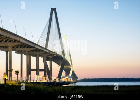 Charleston South Carolina,Cooper River,Arthur Ravenel Jr. Bridge,cable stayed bridge,towers,dusk,evening,sunset,SC091120064 Stock Photo