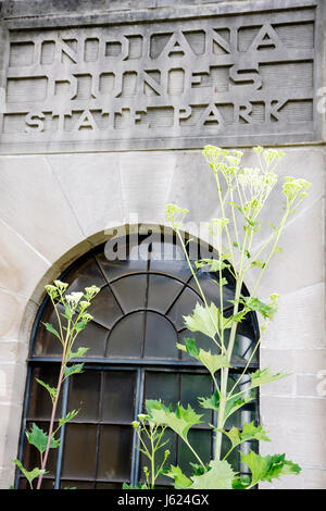 Indiana Chesterton,Indiana Dunes State Park,Lake Michigan entrance,front,nature preserve,protected land,building,guardhouse,arched window,IN080720015 Stock Photo