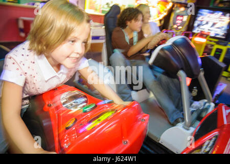 Valparaiso Indiana,Inman's Fun and Party Center,centre,video game,arcade game,race bike simulator,girl girls,youngster youngsters youth youths female Stock Photo