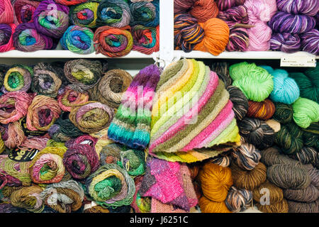 Valparaiso Indiana,Sheep's Clothing,knitting supplies,yarn,wool,multi color,craft,hobby,display sale shopping shopper shoppers shop shops market marke Stock Photo