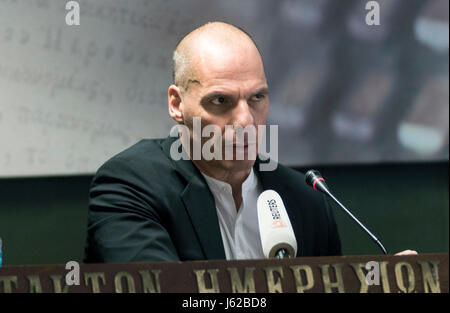 Athens, Greece. 19th May, 2017. Yanis Varoufakis, former Greek Finance Minister and co-founder of Diem25 pan-European political movement speaks during a press conference about the targets of Diem25 in Athens, Greece, on 19 May 2017.   ©Elias Verdi/Alamy Live News Stock Photo