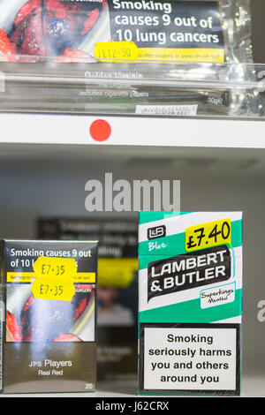 UK. 19th May, 2017, A year after the legislation was officially introduced retailers now have to stop selling 10 packs of cigarettes and small packs of rolling tobacco. Branding will also be affected with plain packaging now being required. Photo © Mick Flynn/Alamy Live News Stock Photo