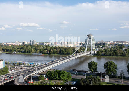 The UFO bridge tower on the Danube river in Bratislava Stock Photo