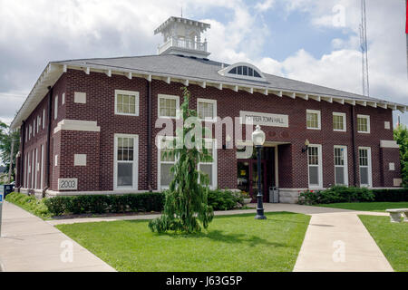 Indiana Porter,Porter Town Hall,local government,two story building,entrance,front,turret,cupola,tower architecture,IN080722016 Stock Photo